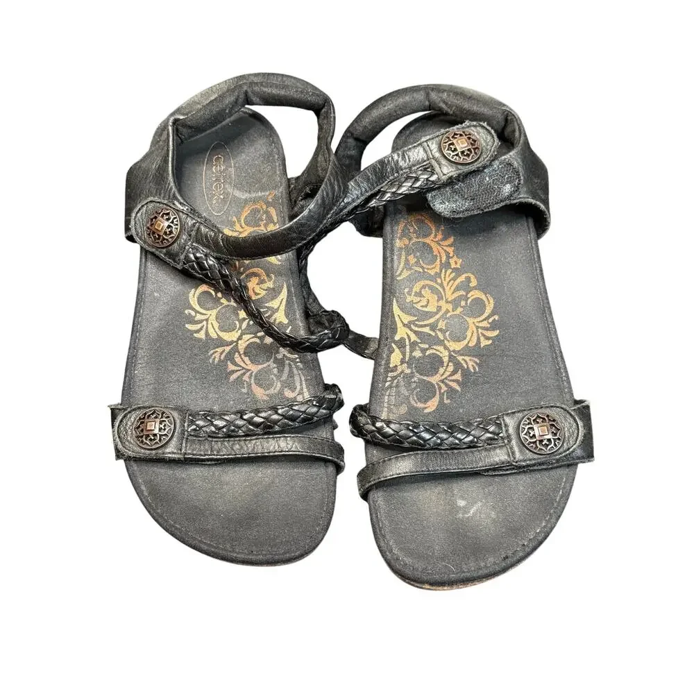 Aetrex Black‎ Leather Braided Strappy Gladiator Style Sandals
